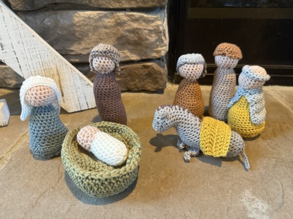 Crocheted Nativity Scene with Wisemen and Donkey